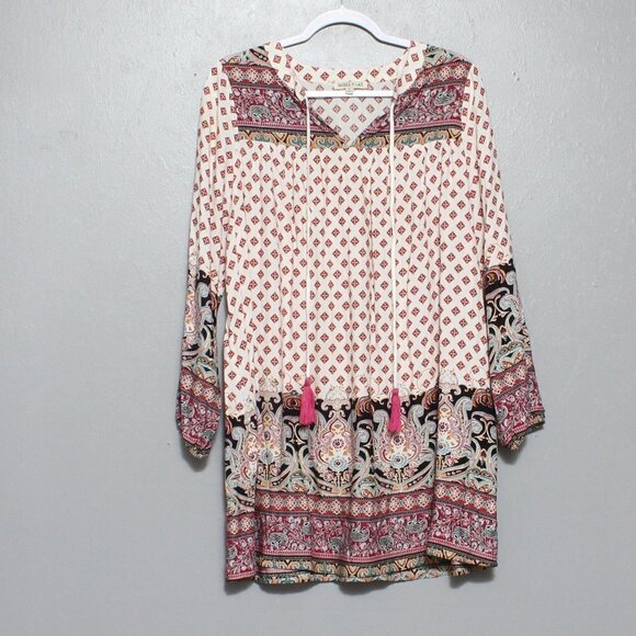 Tassels n lace boho mixed pattern long sleeve rayon dress - Picture 1 of 5